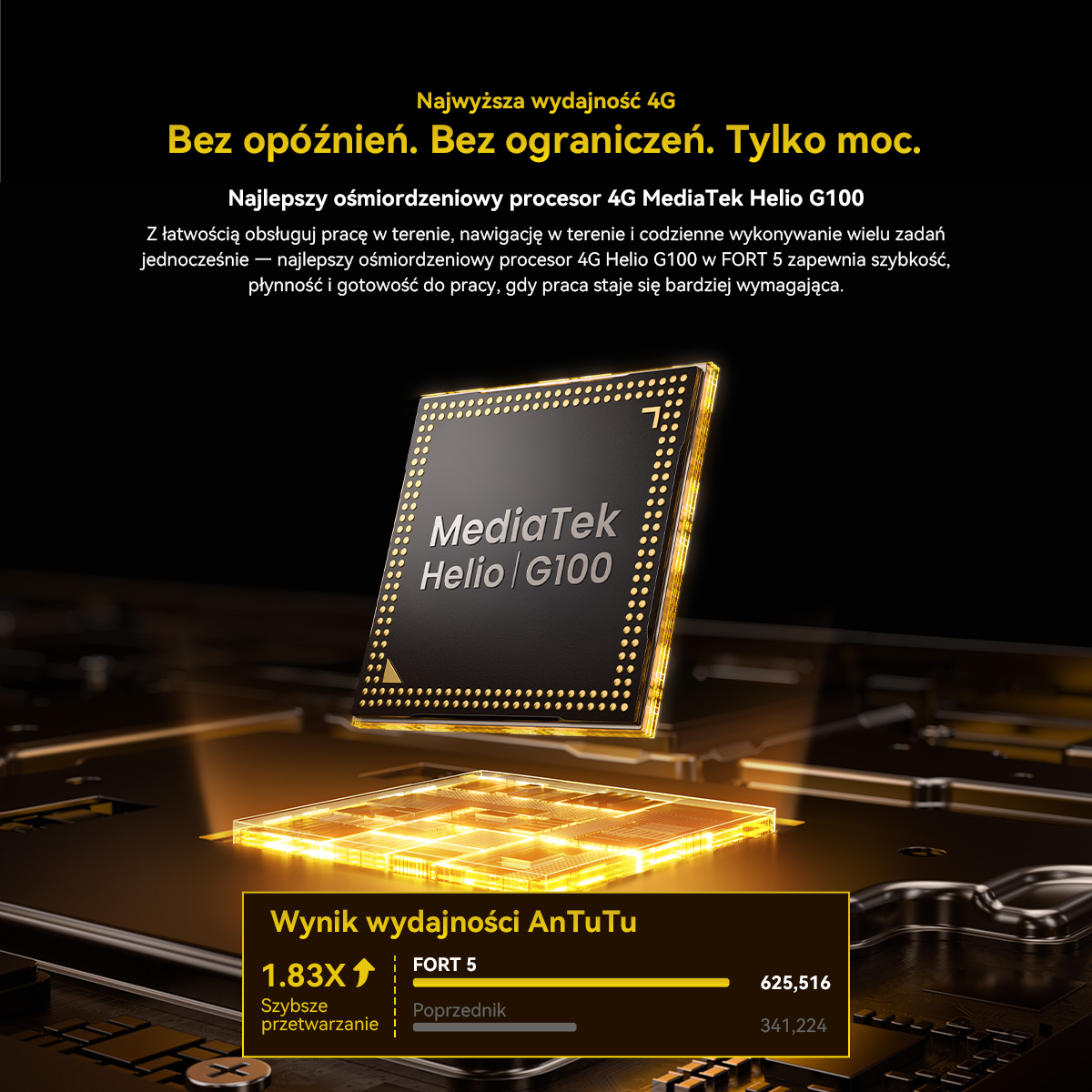 Czarny chip z napisem MediaTek Helio G100 i wynikami wydajności AnTuTu.