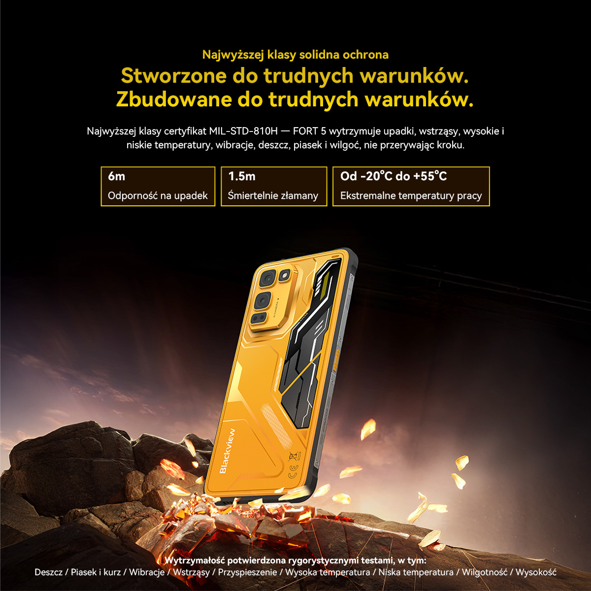 Żółty, wytrzymały smartfon leży na kamieniach. Jest odporny na wstrząsy i trudne warunki.