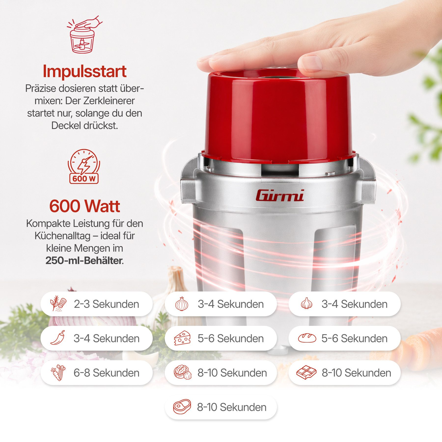 Ein roter Girmi Zerkleinerer mit 600W Leistung und Impulsstart.