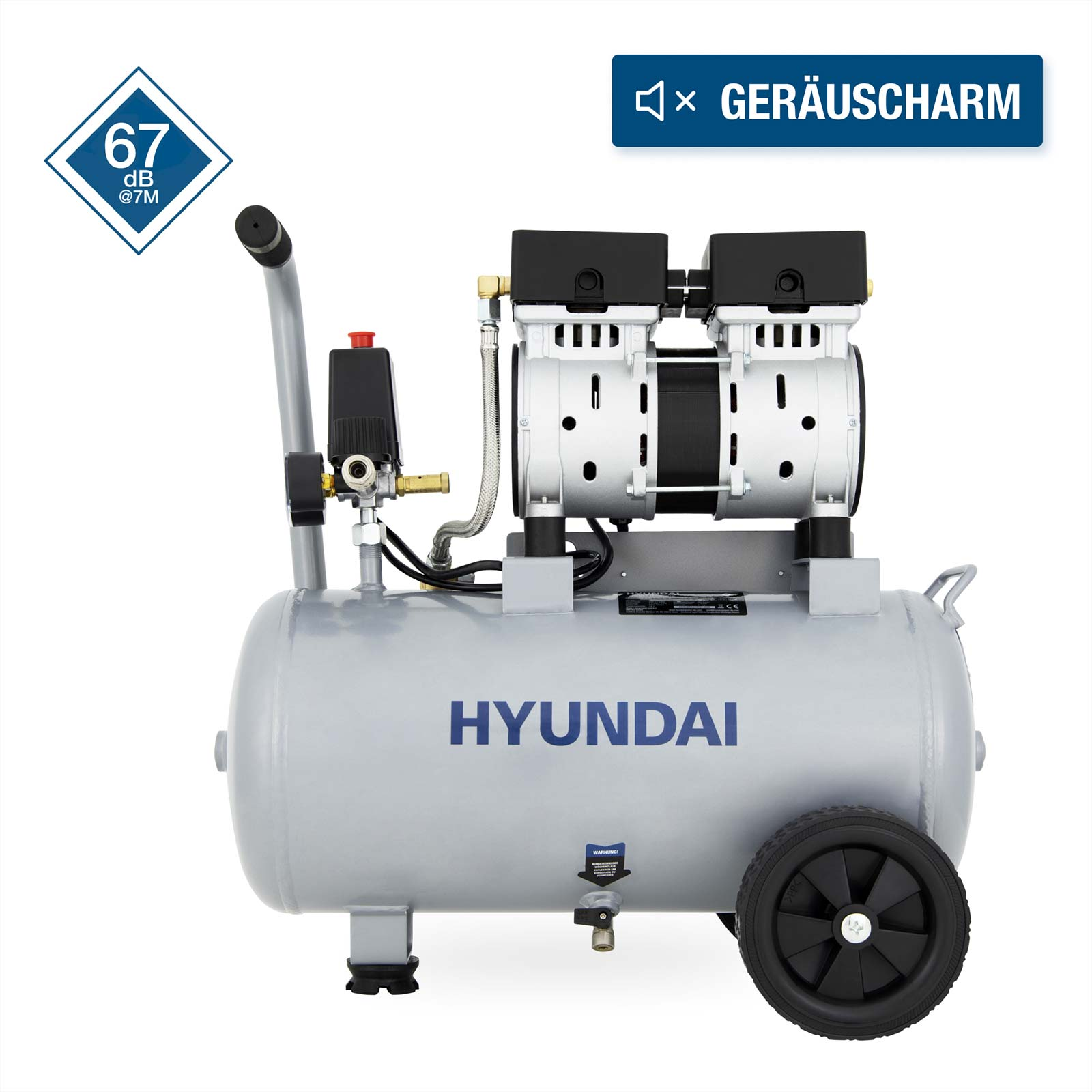 Grauer Hyundai Kompressor mit zwei Motoren, Rädern und Griff. Geräuscharm.