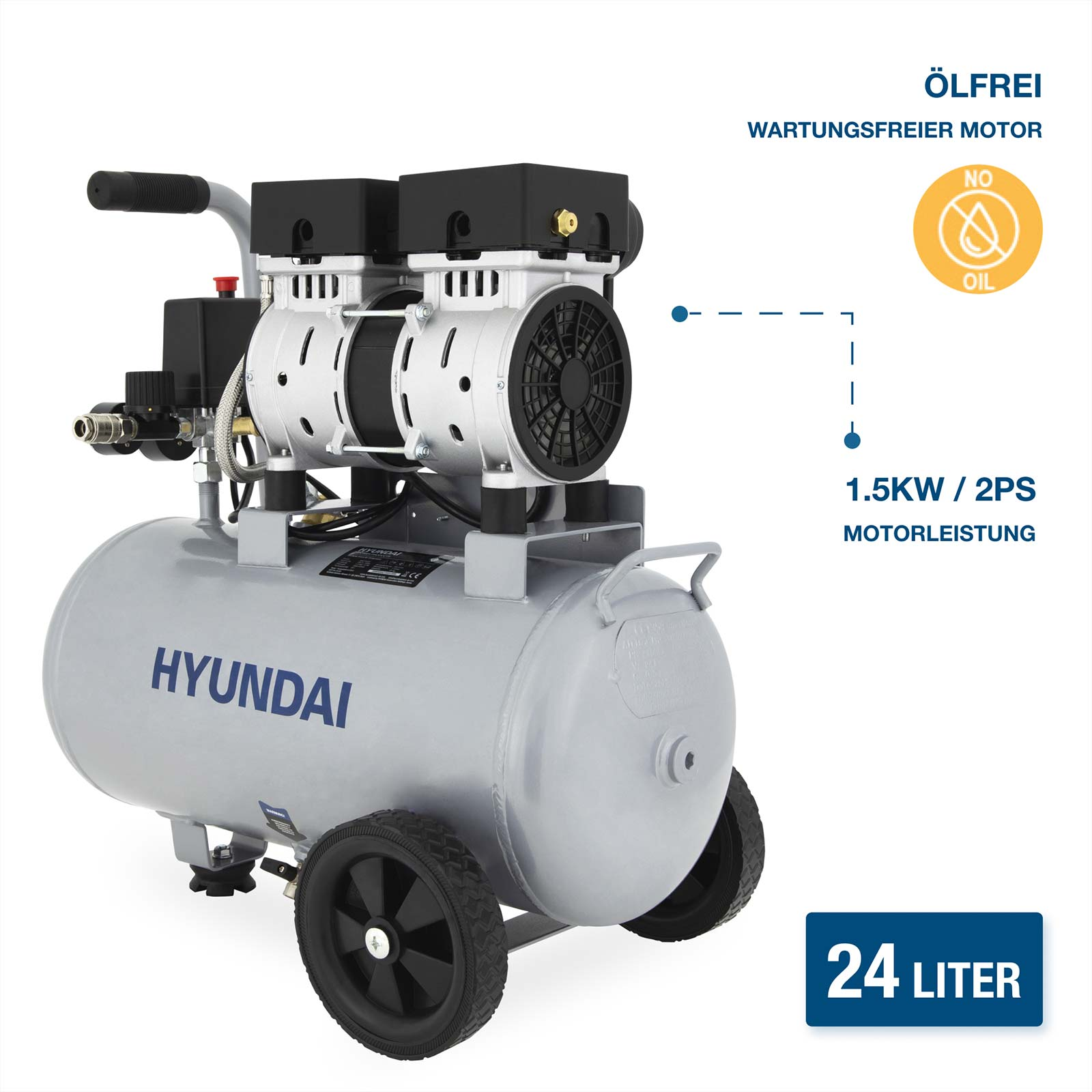 Grauer Hyundai-Kompressor mit zwei Zylindern, 24 Liter, ölfrei.