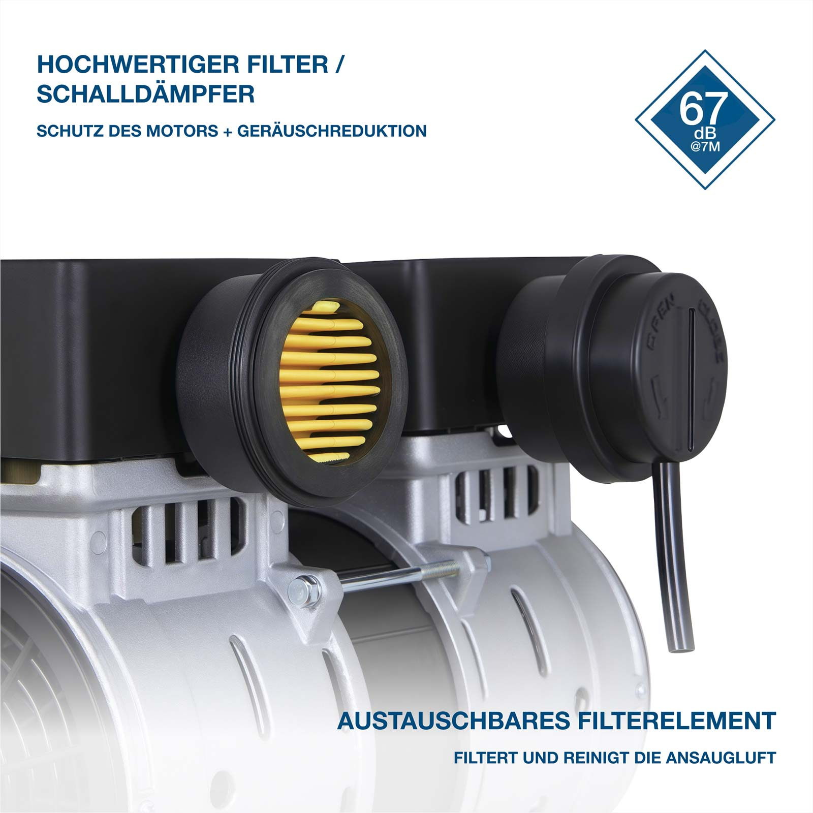 Hochwertiger Filter mit gelbem Element und Geräuschreduktion.