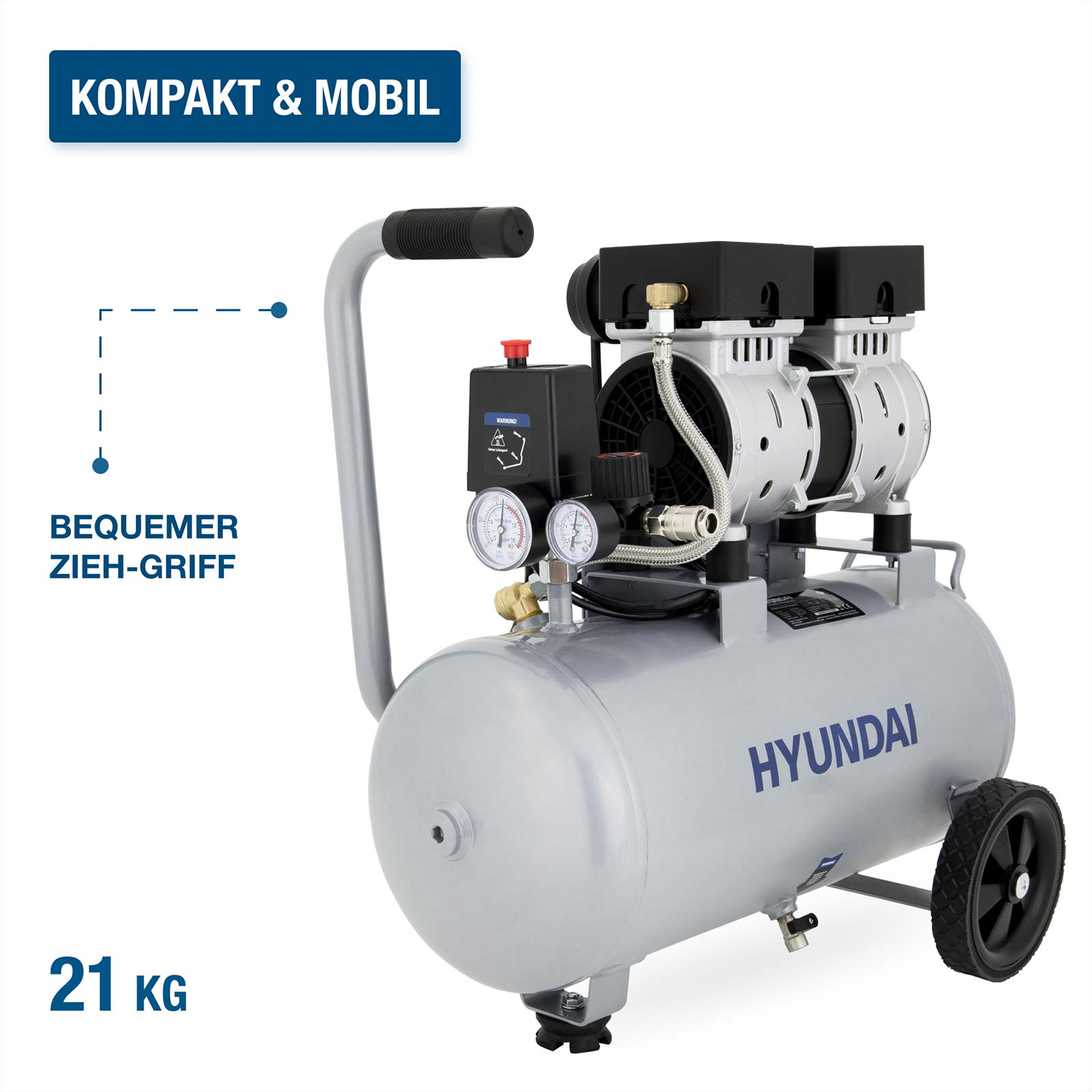 Ein silberner Hyundai-Kompressor mit zwei Zylindern und Rädern.
