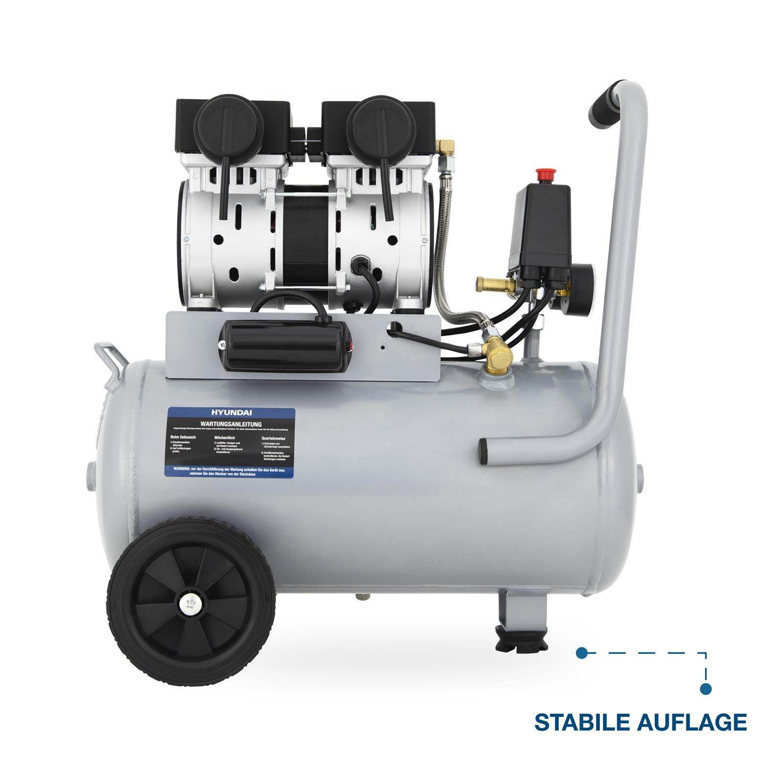 Ein silberner Hyundai-Kompressor mit zwei Pumpenköpfen, Rädern und Griff.