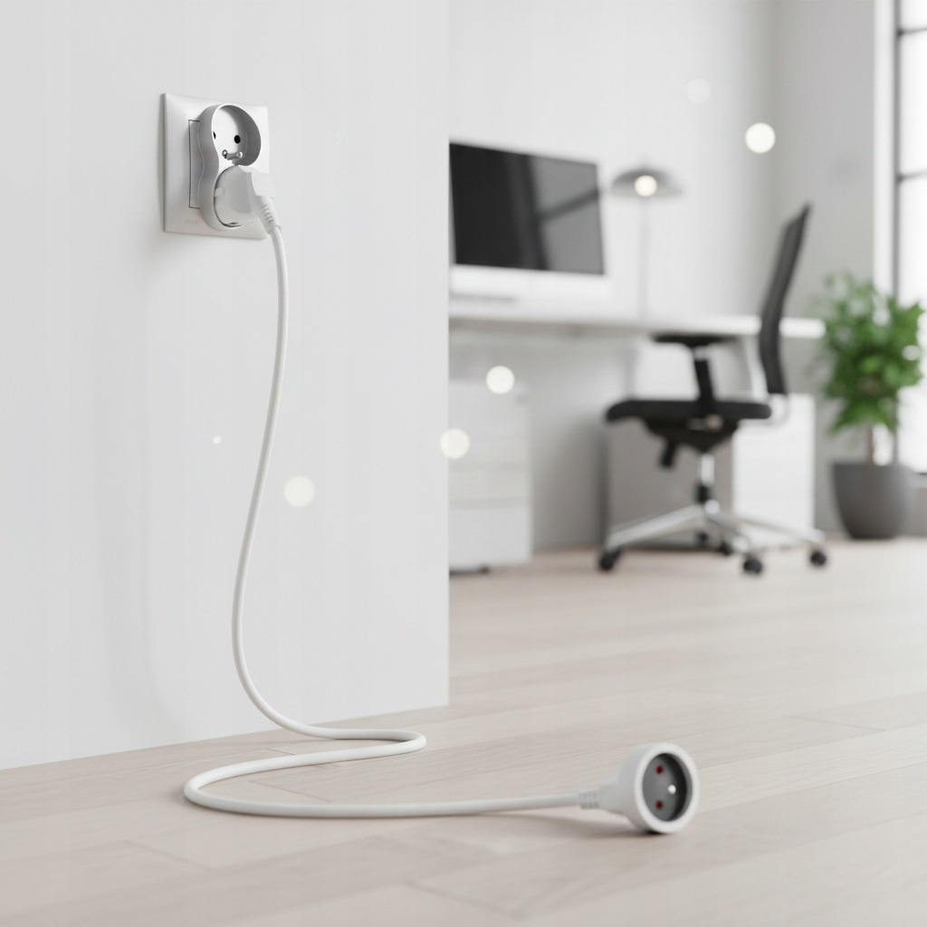 Biały kabel zasilający łączy gniazdko ścienne z wtyczką na podłodze. Biuro w tle.
