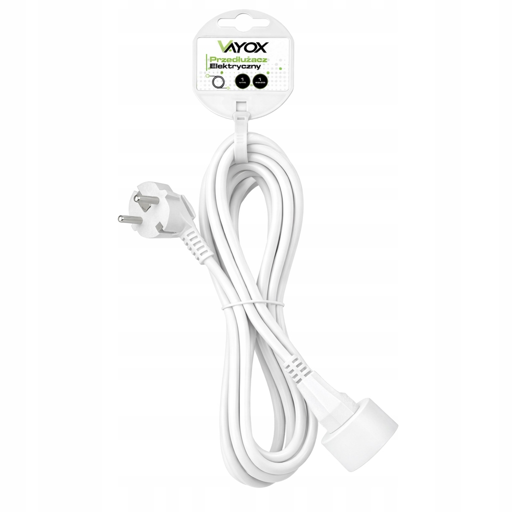 Biały kabel przedłużający z wtyczką i gniazdem, na białym tle.