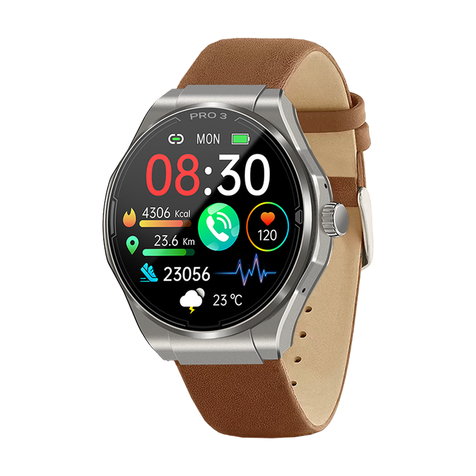 Silberne Smartwatch mit braunem Lederarmband. Zeigt 08:30, 4306 Kcal, 23.6 km, 23056 Schritte, 120 Puls, 23°C.