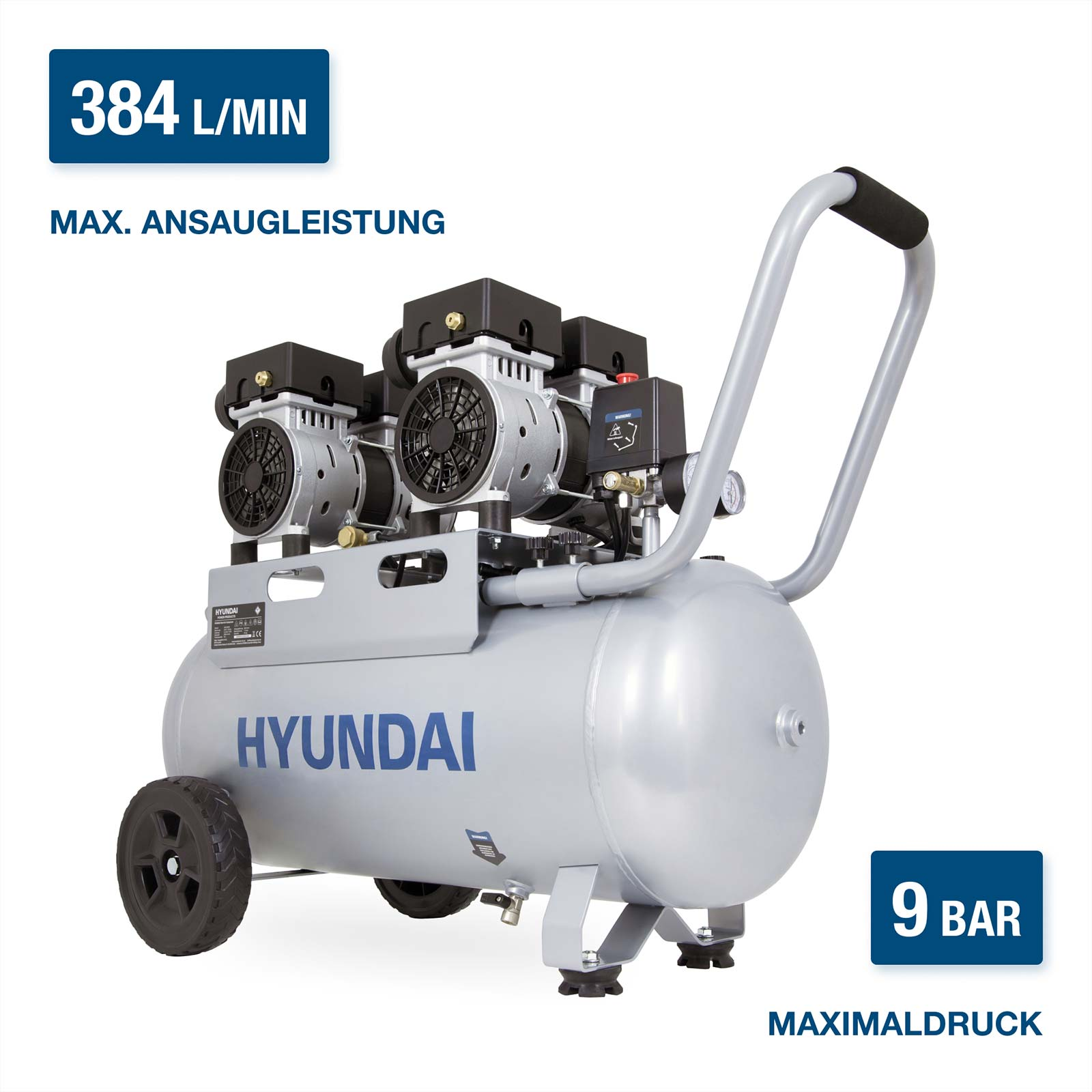 Ein silberner HYUNDAI Kompressor mit zwei Motoren, Rädern und Griff.