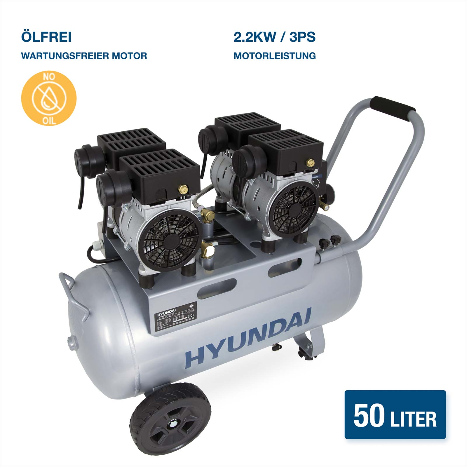 Ein silberner Hyundai-Kompressor mit 2 ölfreien Motoren und 50 Liter Tank.