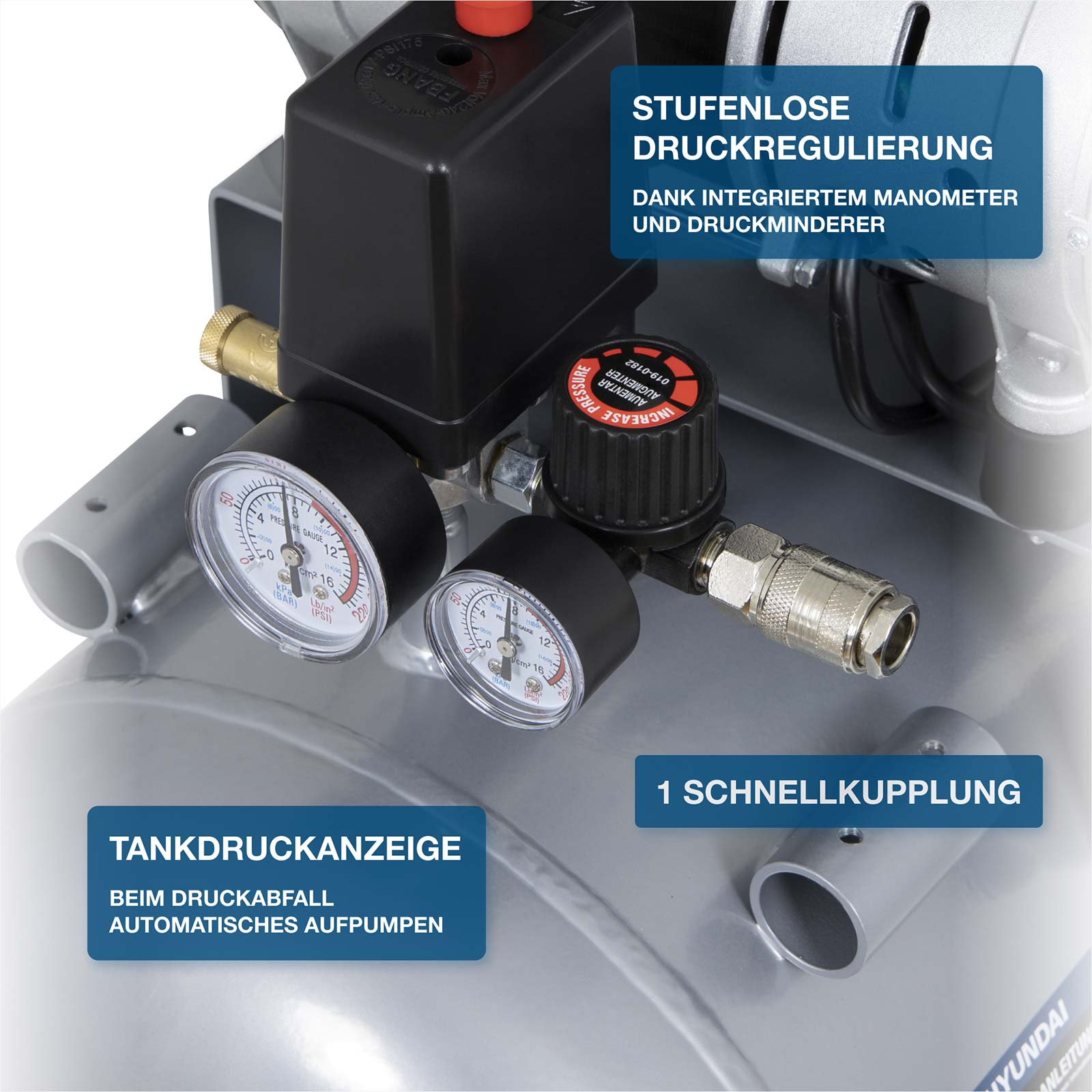 Kompressor mit Manometer, Druckregler und Schnellkupplung. Stufenlose Druckregulierung.