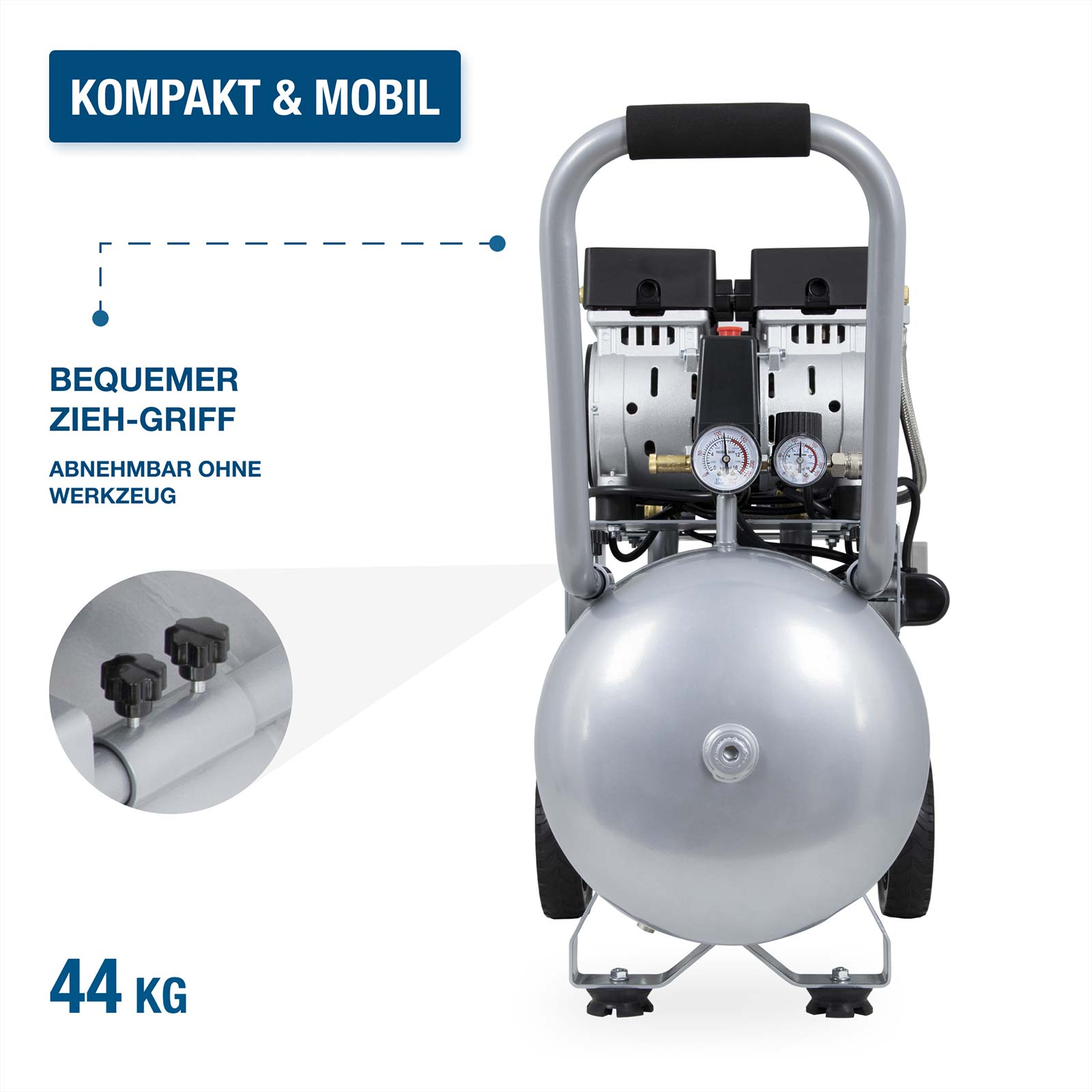 Ein silberner Kompressor mit zwei Manometern und einem Griff, 44kg.