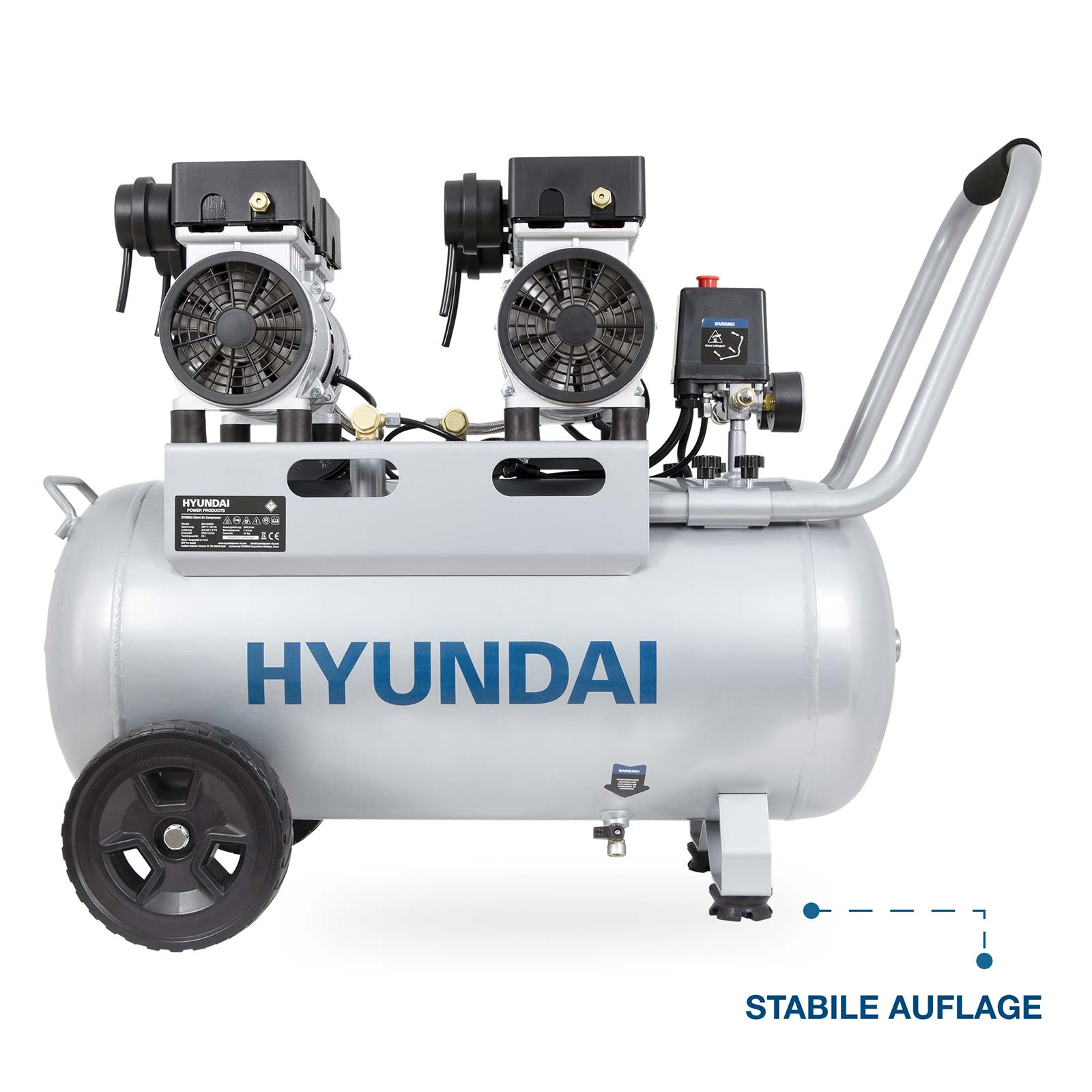 Silberner Hyundai-Kompressor mit zwei Lüfterköpfen und Rädern.