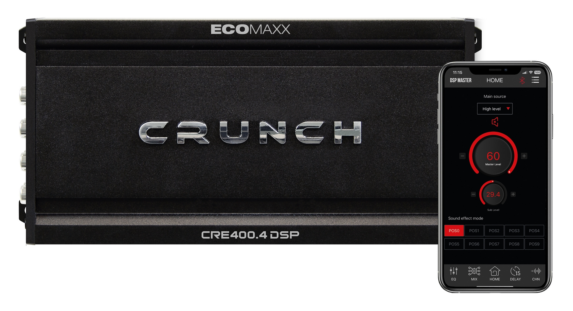 Ein schwarzer Verstärker mit ECOMAXX und CRUNCH Logo neben einem Smartphone mit DSP MASTER App.