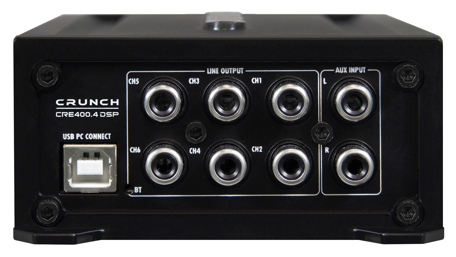 Schwarzes Crunch CRE400.4 DSP mit Anschlüssen: USB, Line Output (CH1-6), Aux Input (L/R), BT.
