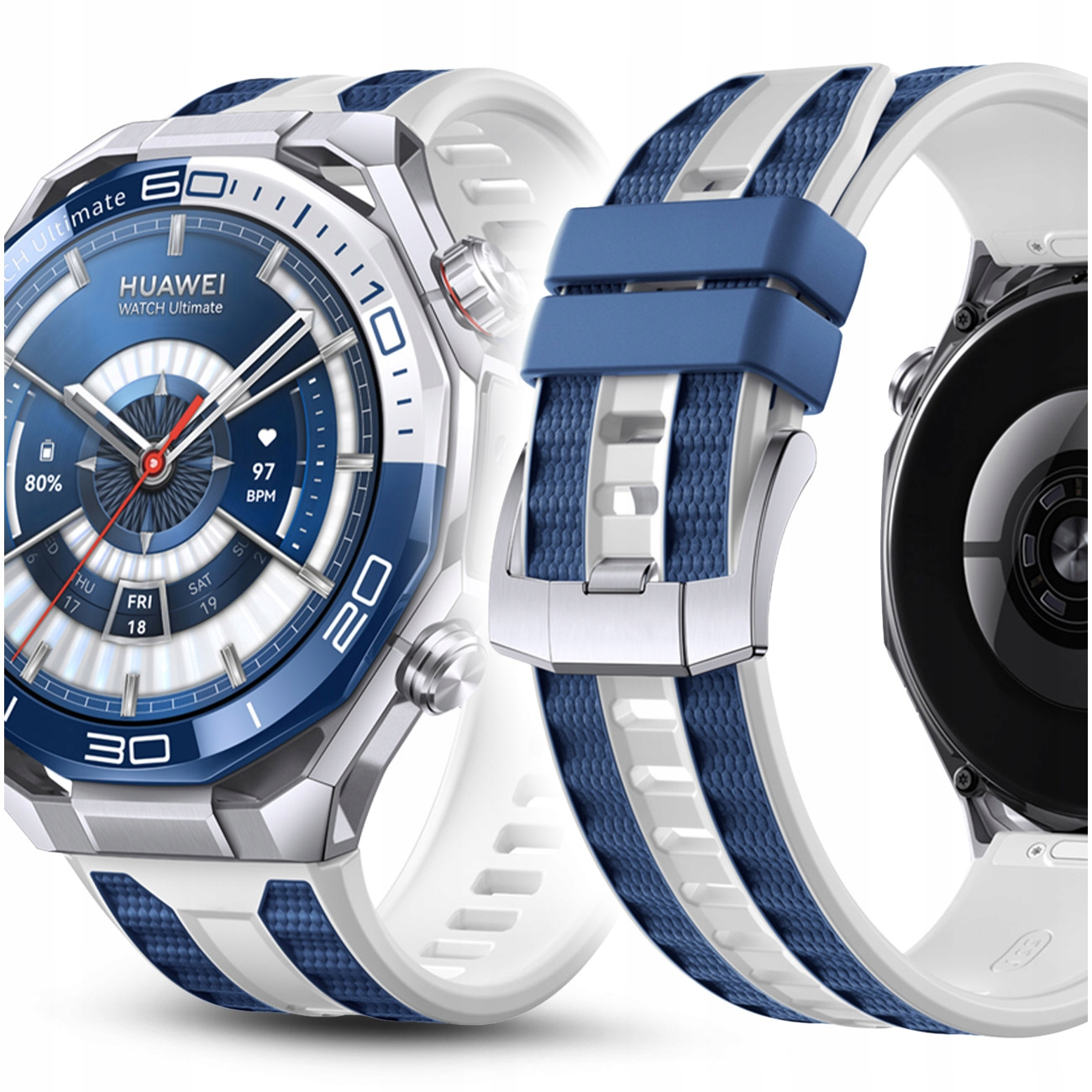 Smartwatch z niebiesko-białą opaską, szczegółową tarczą i srebrnymi akcentami.