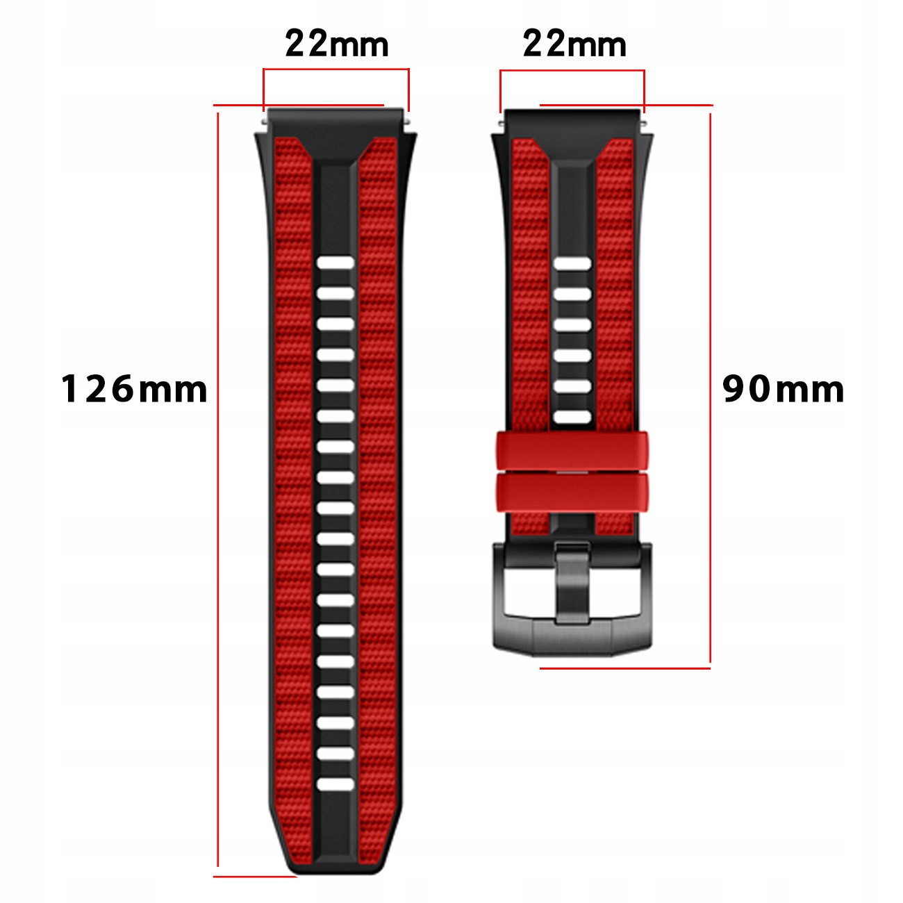 Dwie czerwono-czarne paski do zegarka o wymiarach: 126mm, 90mm, 22mm.