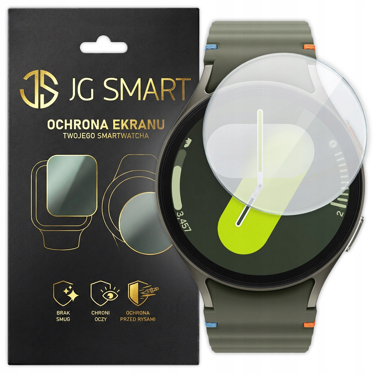 Opakowanie i folia ochronna na ekran zielonego smartwatcha z okrągłym wyświetlaczem.