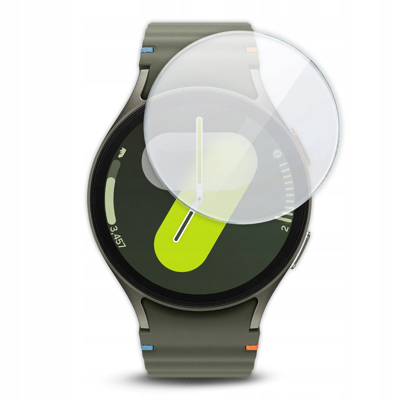 Zielony smartwatch z przezroczystą folią ochronną na tarczy.