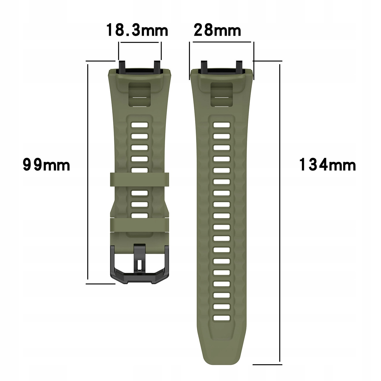 Dwa oliwkowozielone paski do zegarka z wymiarami. Jeden ma 99mm, drugi 134mm.