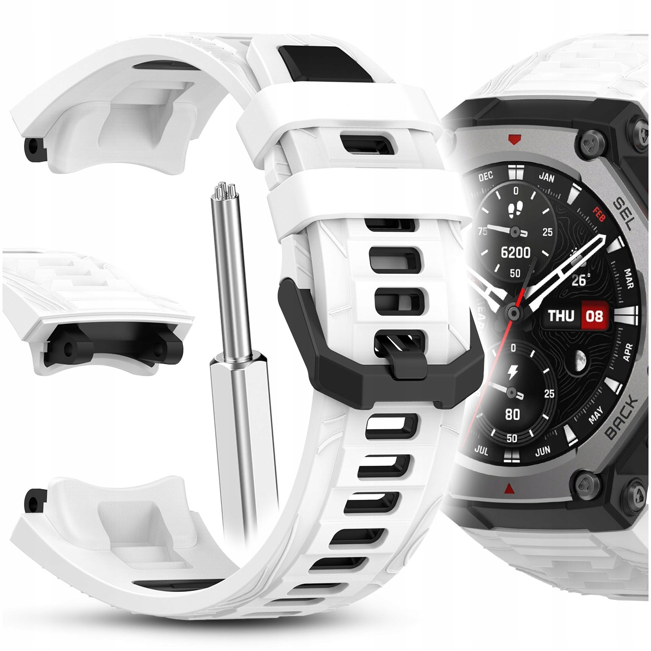 Biała opaska smartwatch i narzędzie obok tarczy zegarka pokazującej datę i godzinę.