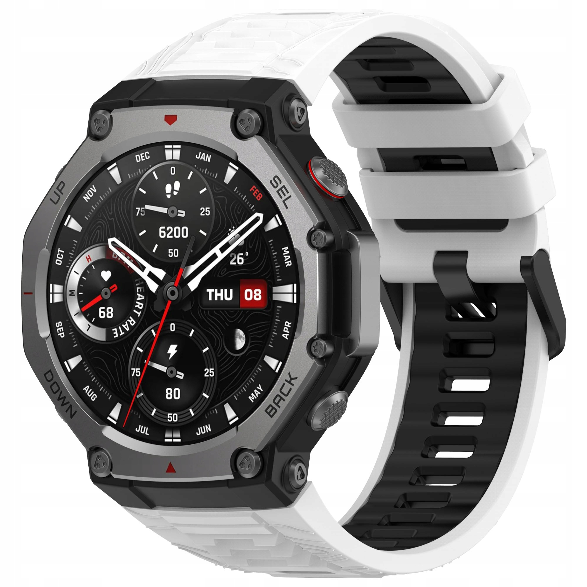 Szary smartwatch z białym i czarnym paskiem na białym tle.