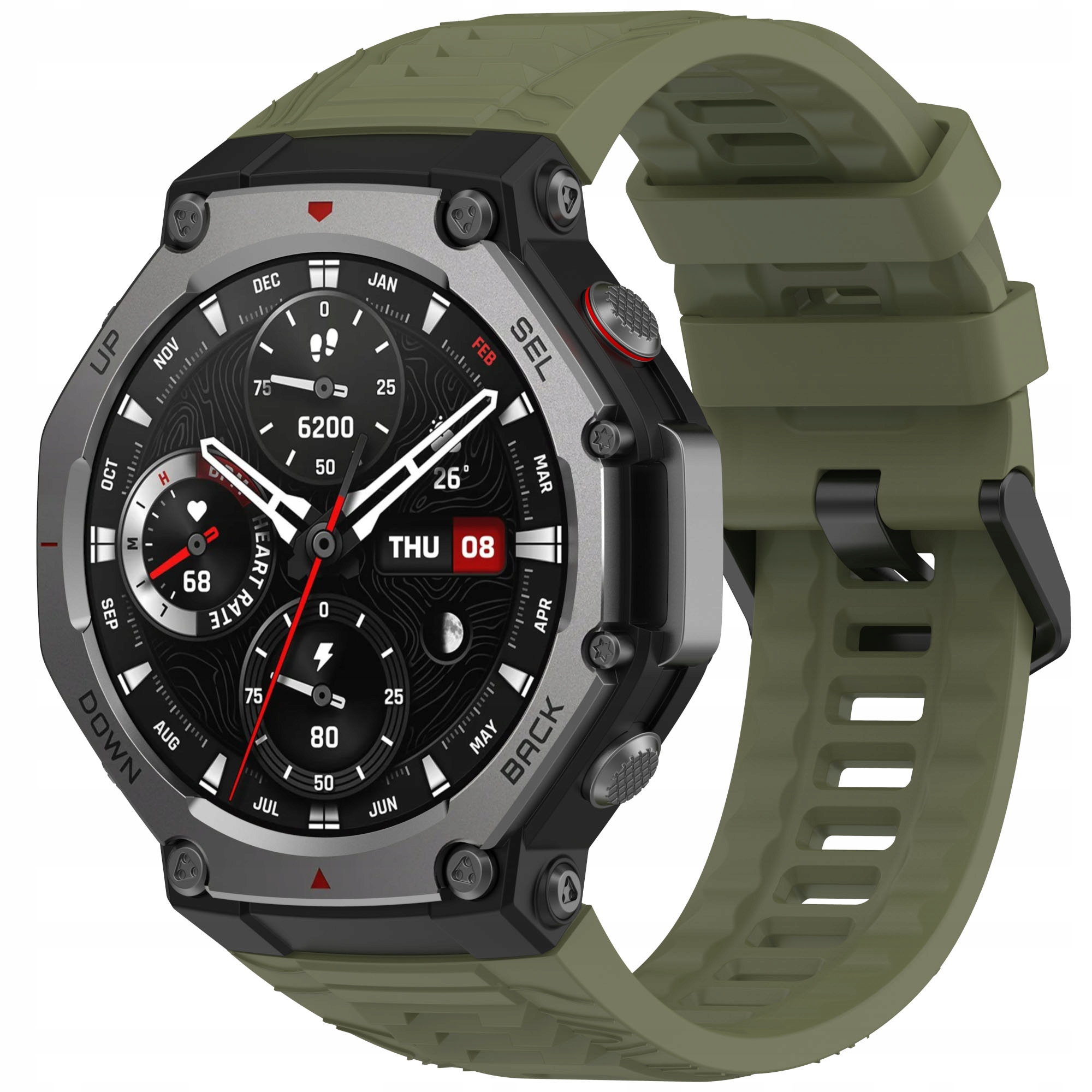 Zielony smartwatch z okrągłą tarczą wyświetlającą czas, tętno, kroki i datę.