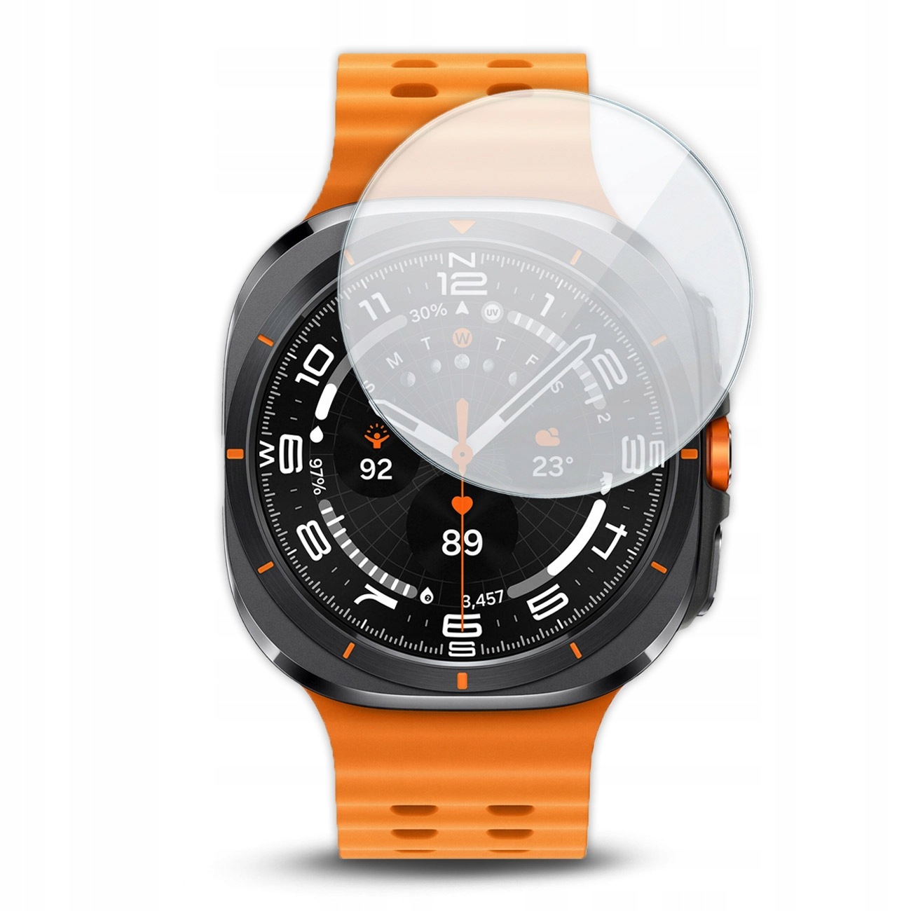 Pomarańczowy smartwatch z szklaną osłoną ekranu. Wyświetlacz cyfrowy pokazuje czas, temp, kroki.