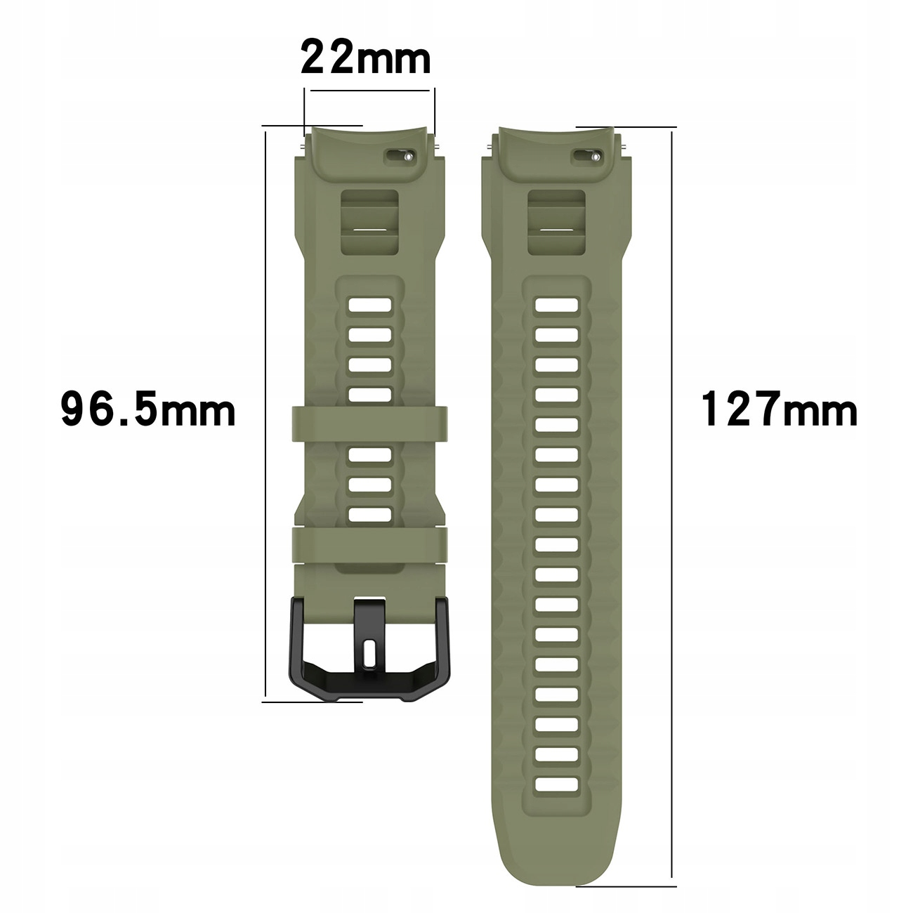 Dwie oliwkowo-zielone paski do zegarka, jeden z klamrą, wymiary 22x96,5mm i 22x127mm.