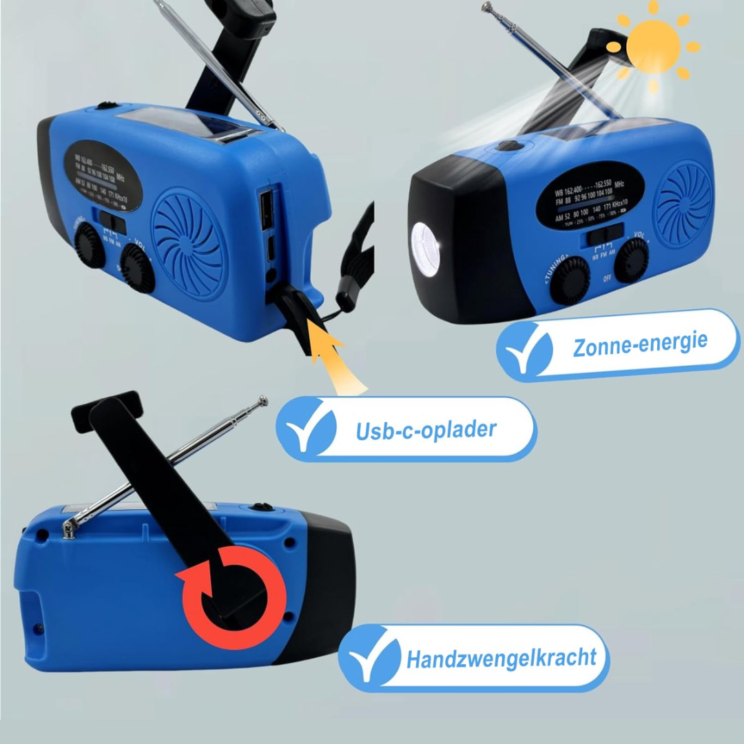 Blue emergency radio with solar, USB, and crank charging. Features a flashlight.