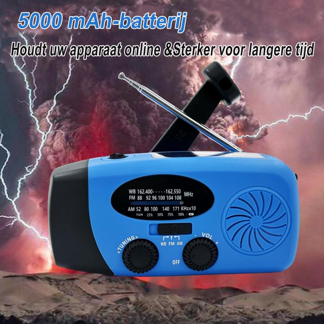 A blue emergency radio with an antenna against a dramatic sky with lightning and volcanoes.