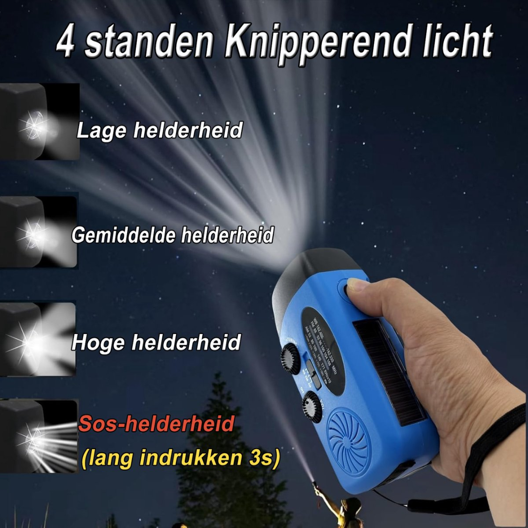 A blue multi-function device with flashlight, radio, and solar panel.