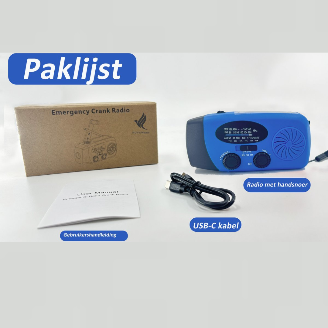 A blue emergency crank radio with accessories including a box, manual, and USB-C cable.
