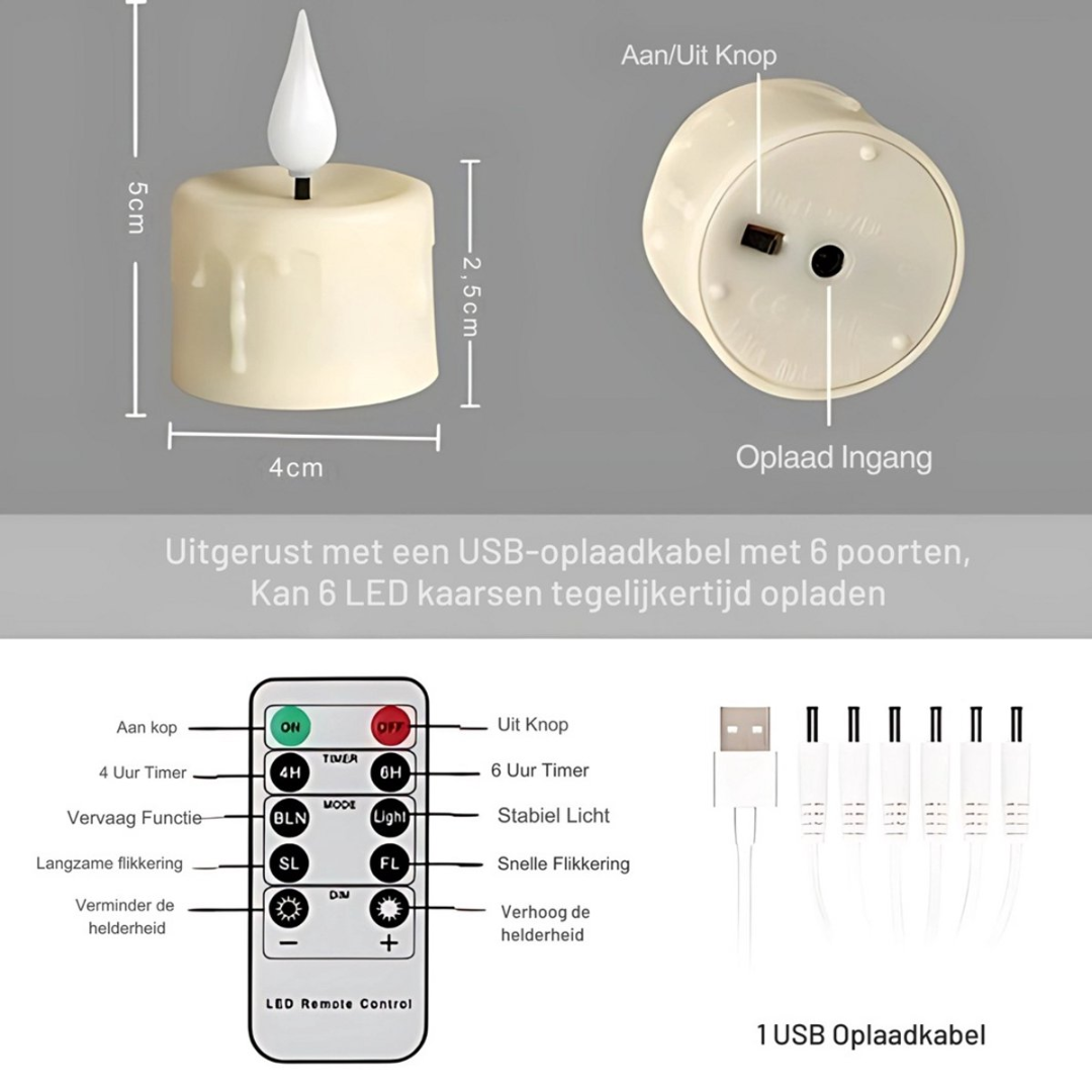 An LED candle light with a remote control and a USB charger for 6 candles.