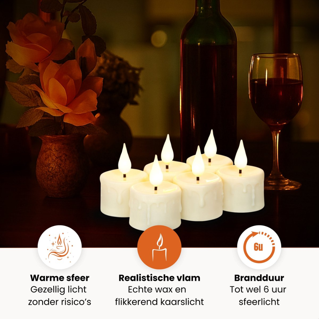 Six white LED candles with flames on a table with flowers, wine, and a glass.