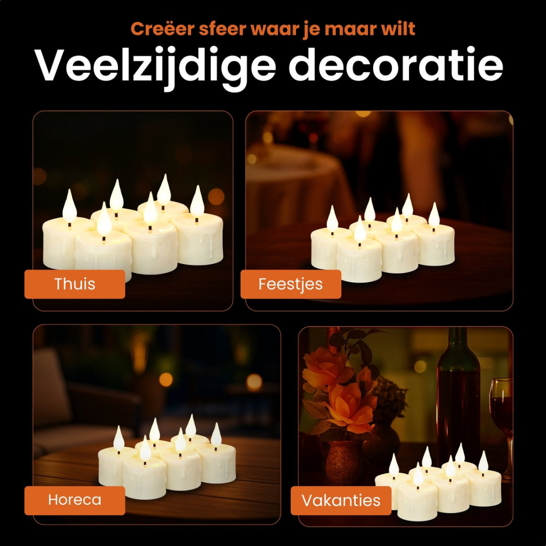 Four images of LED candles: Home, Parties, Horeca, and Holidays.