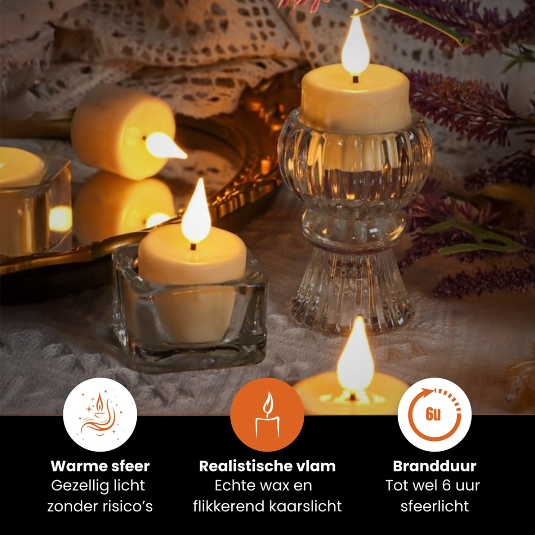 Several LED candles in glass holders on a tablecloth, with purple flowers in the background.