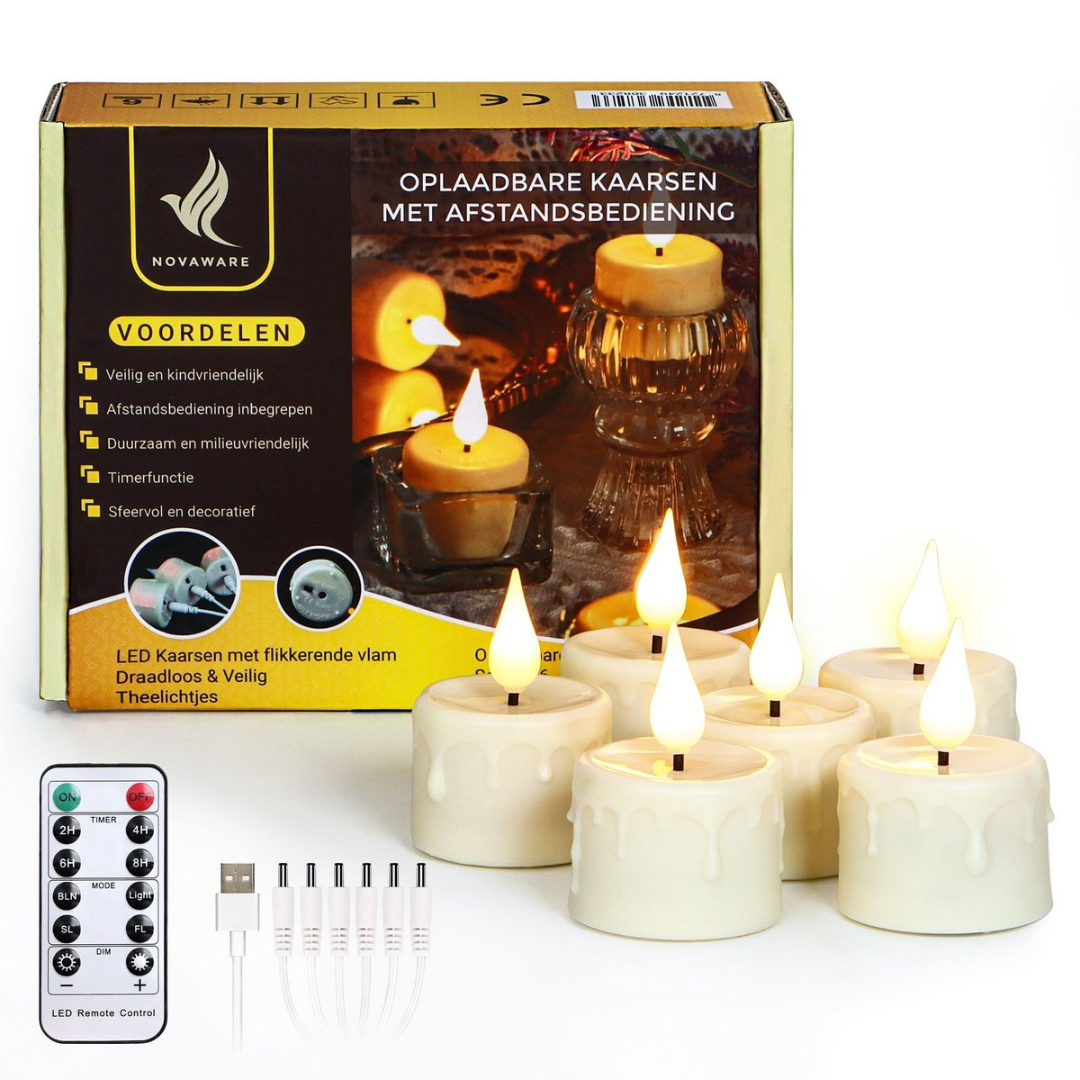 Box with LED candles, remote control, and charging cables. Cream candles with flame.