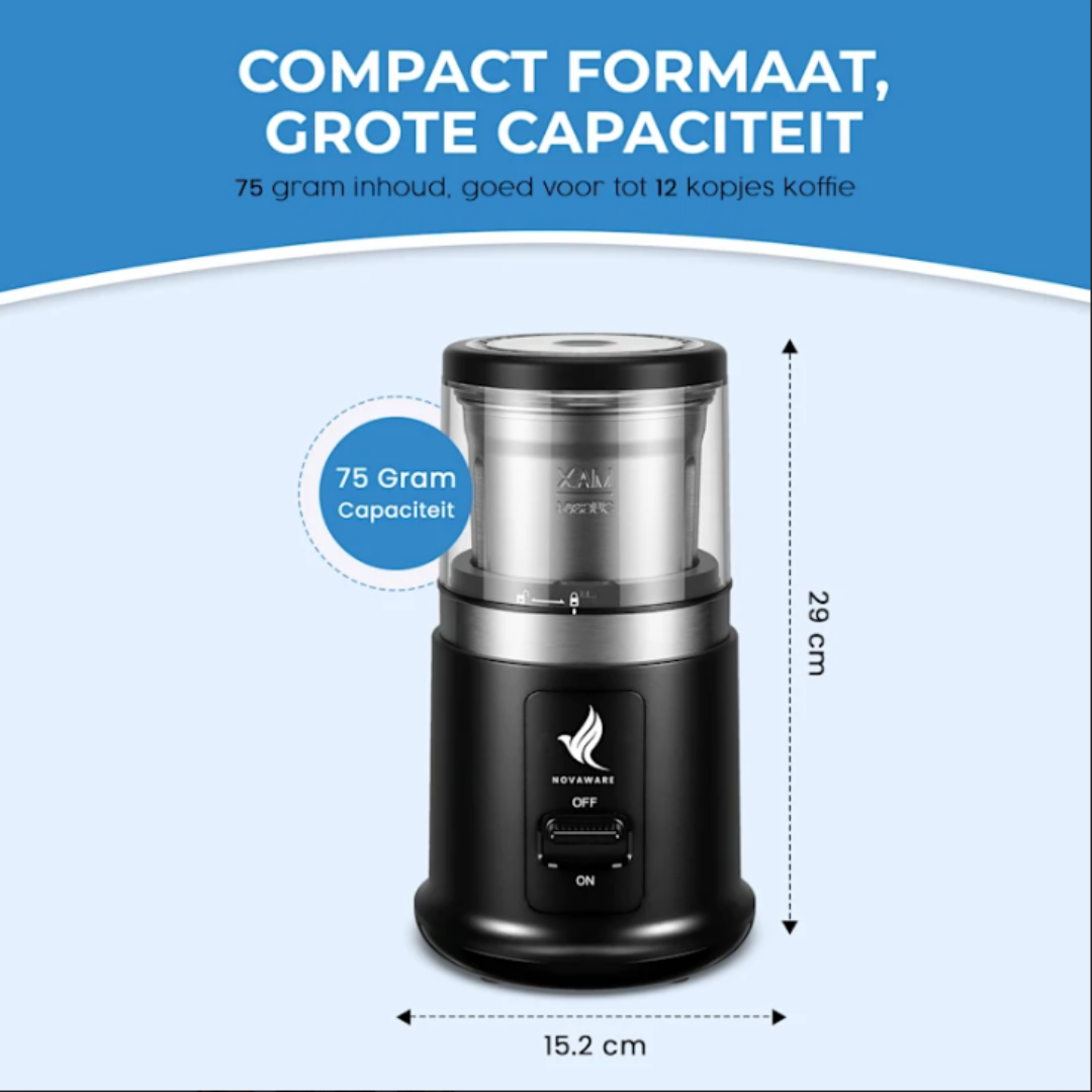 Compacte zwarte koffiemolen, 29cm hoog, 15,2cm breed.