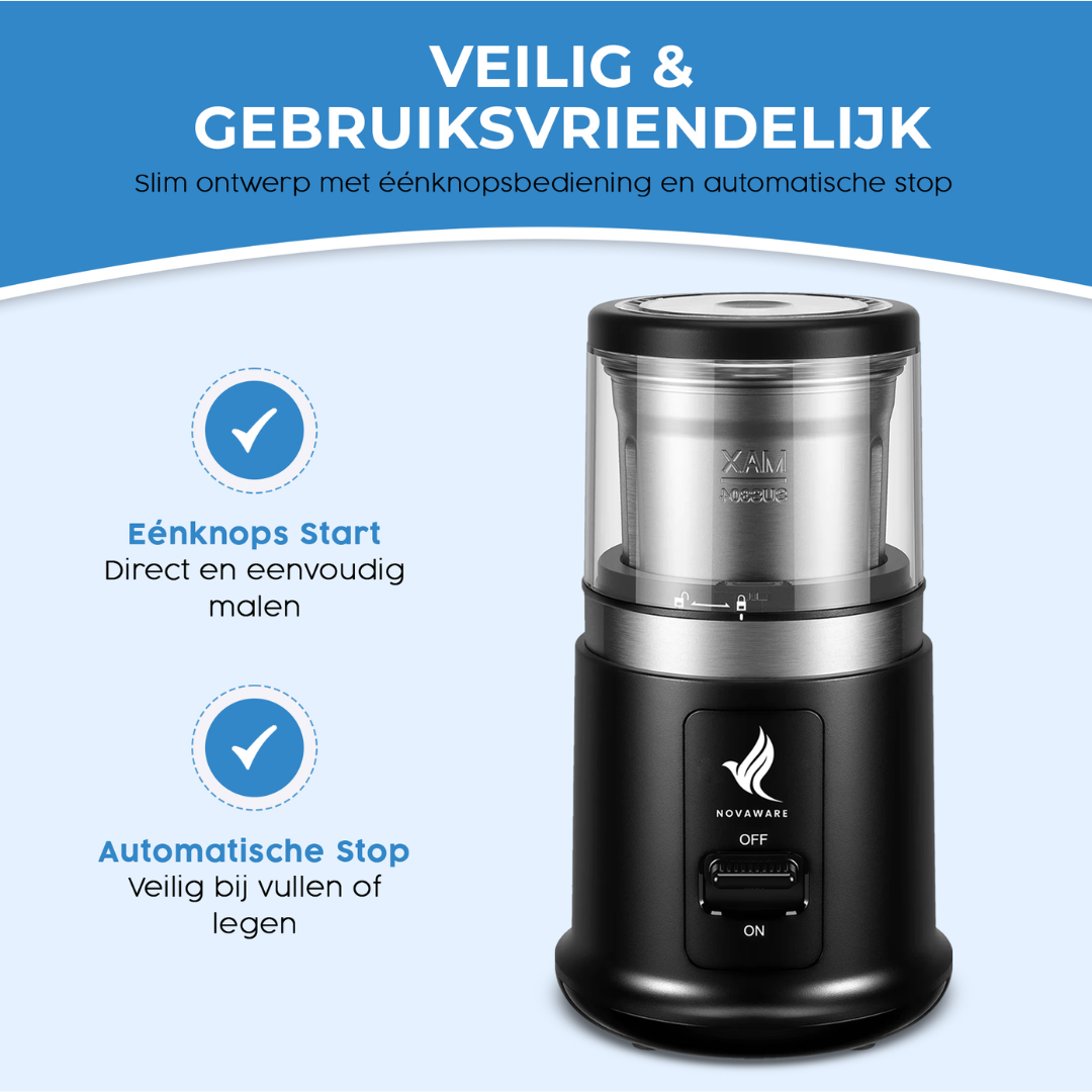 Zwarte elektrische koffiemolen met éénknopsbediening en automatische stop.