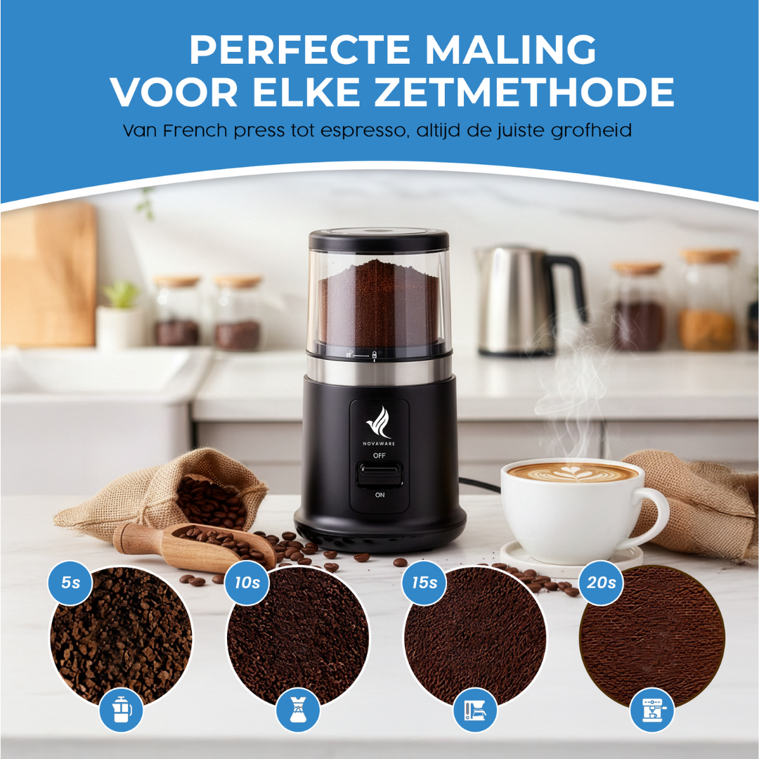Koffiemolen met vier maalstanden, grof tot fijn, naast een kop koffie.
