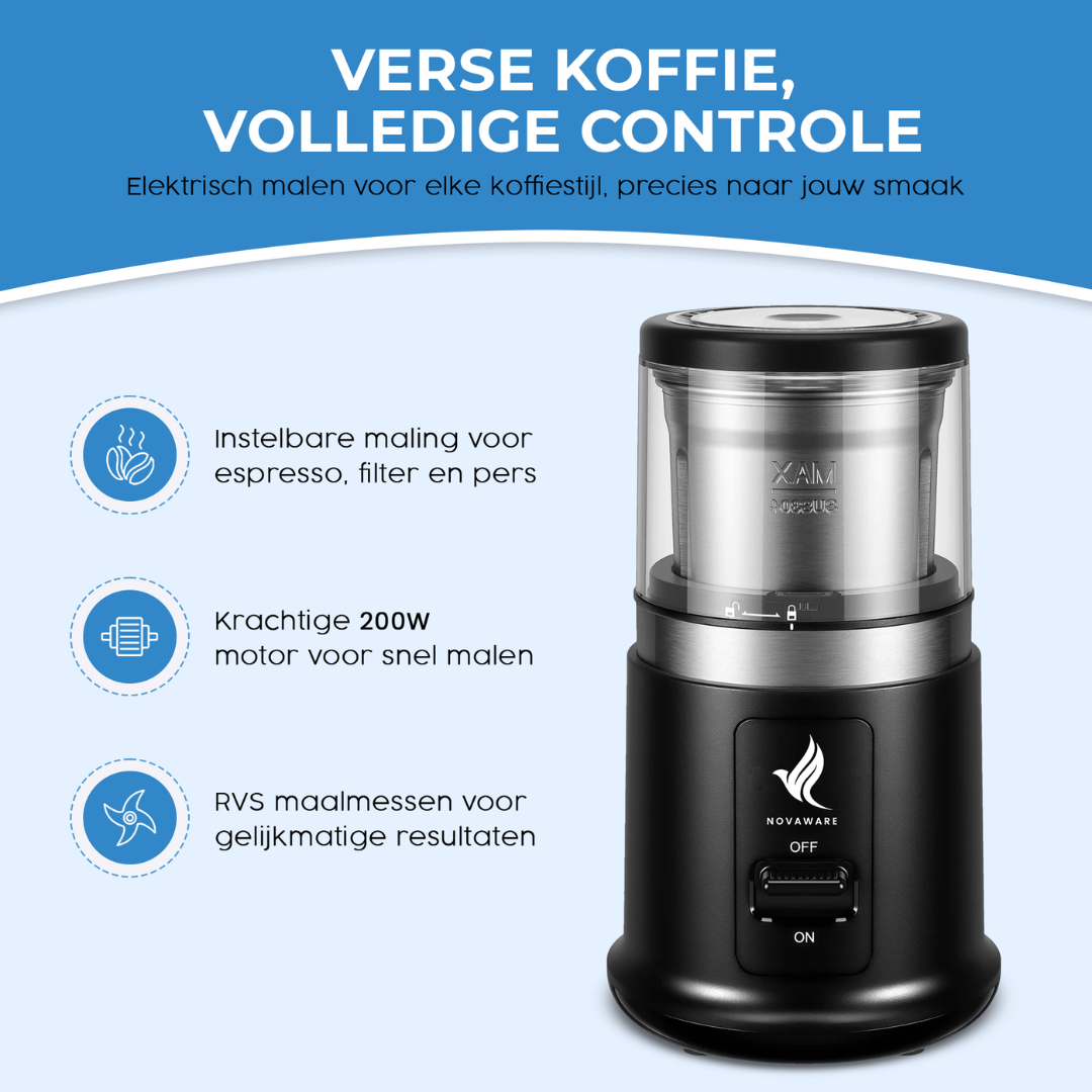 Elektrische koffiemolen met instelbare maling, 200W, voor espresso, filter, pers.