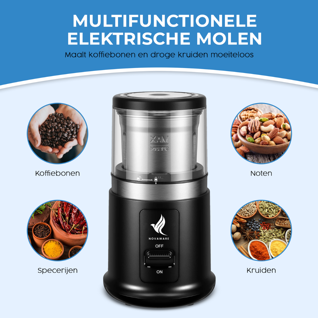 Elektrische molen met koffiebonen, noten, specerijen en kruiden.
