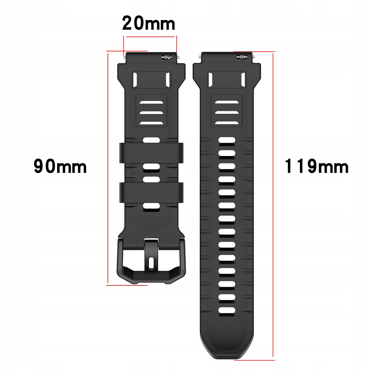 Dwa czarne paski do zegarka o wymiarach: 20mm szerokości, 90mm i 119mm długości.