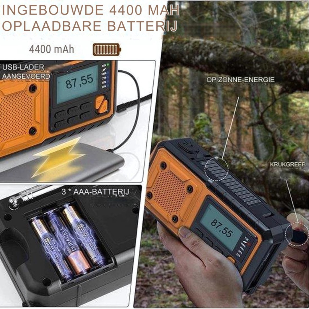 Orange radio with display, batteries, and solar panel. Charges via USB or solar.