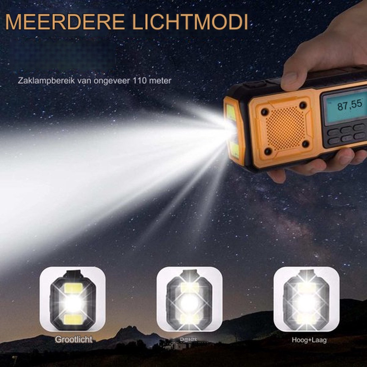 A hand holds an orange flashlight emitting a beam of light into the night sky.