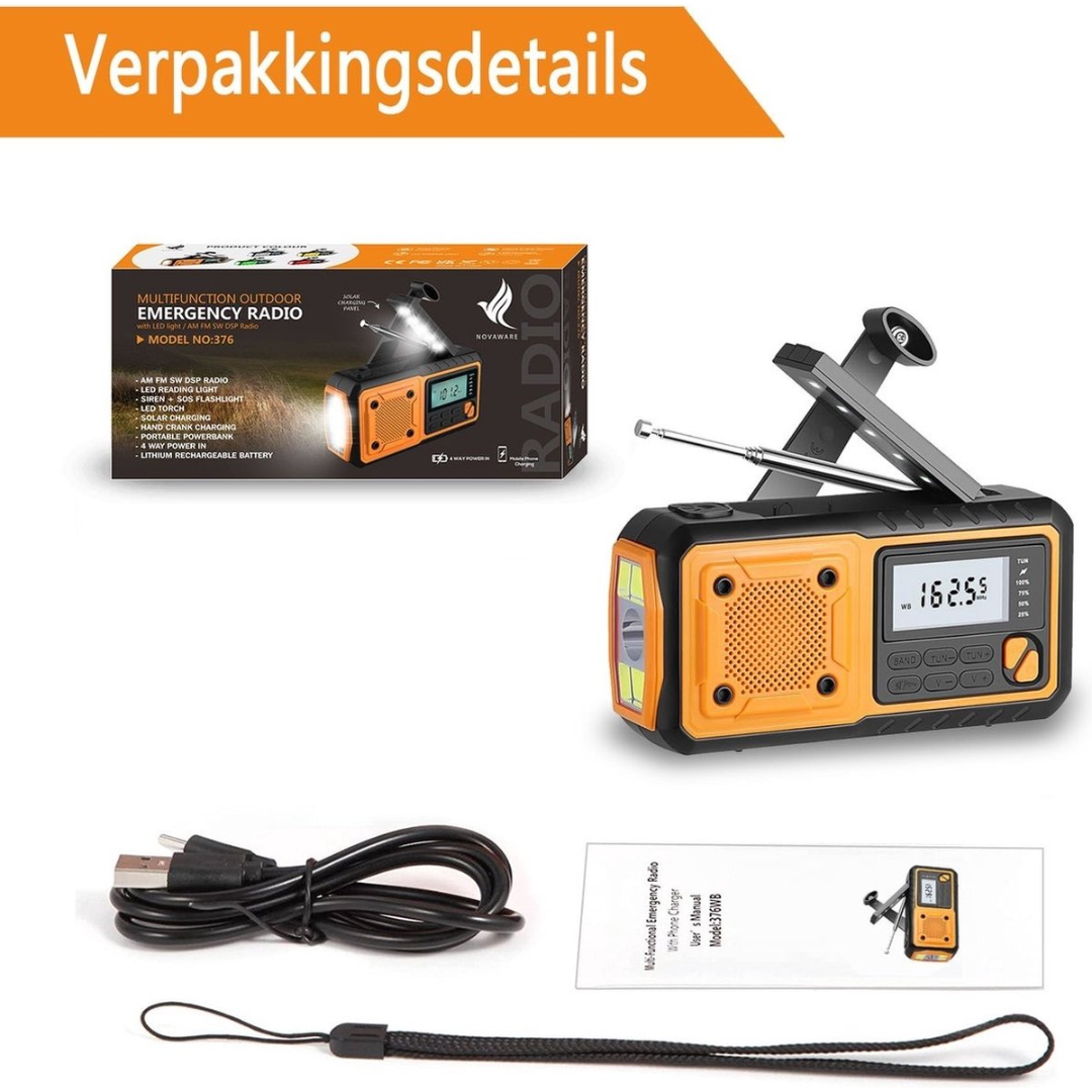 An orange emergency radio with antenna, crank, and solar panel.