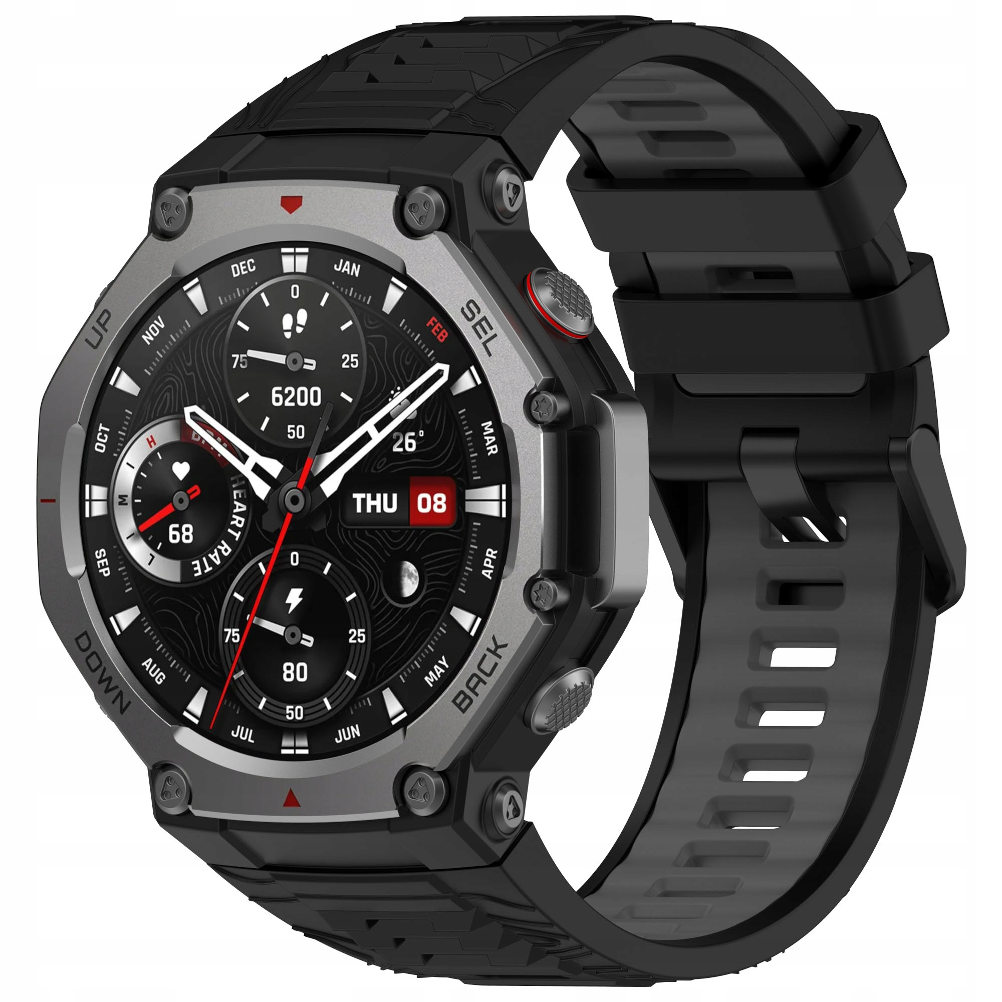 Czarny smartwatch ze srebrną ramką i szczegółową tarczą.