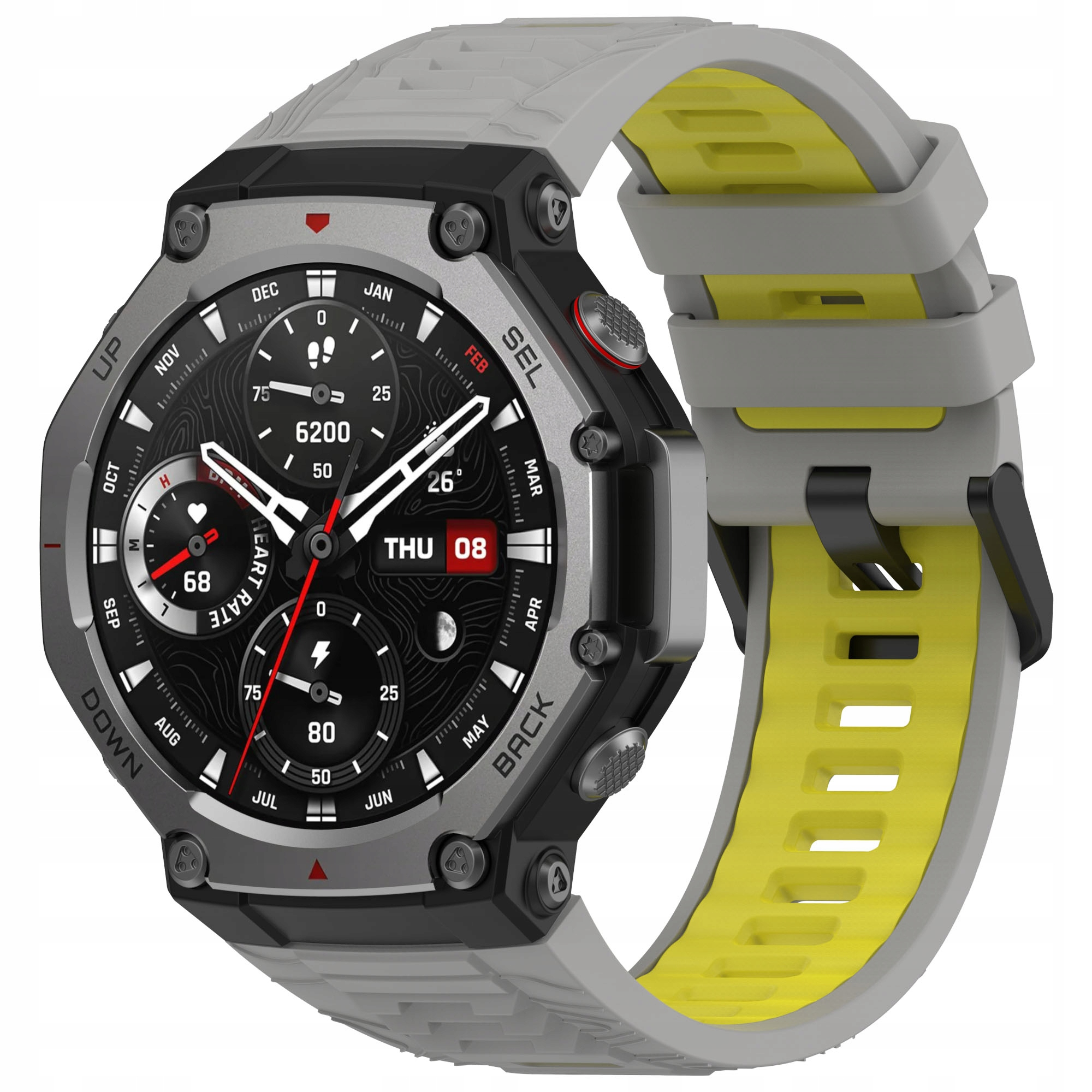 Zegarek smartwatch z szaro-żółtym paskiem, pokazuje czas, tętno, kroki.