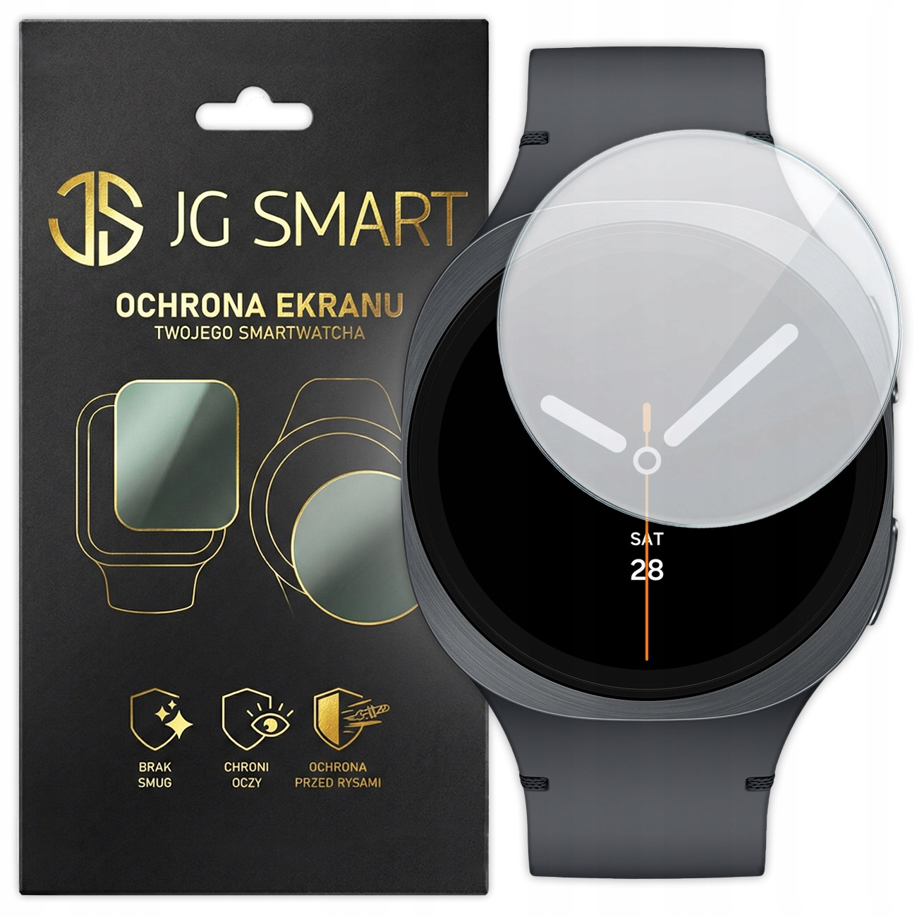Opakowanie folii ochronnej na ekran obok smartwatcha z folią.