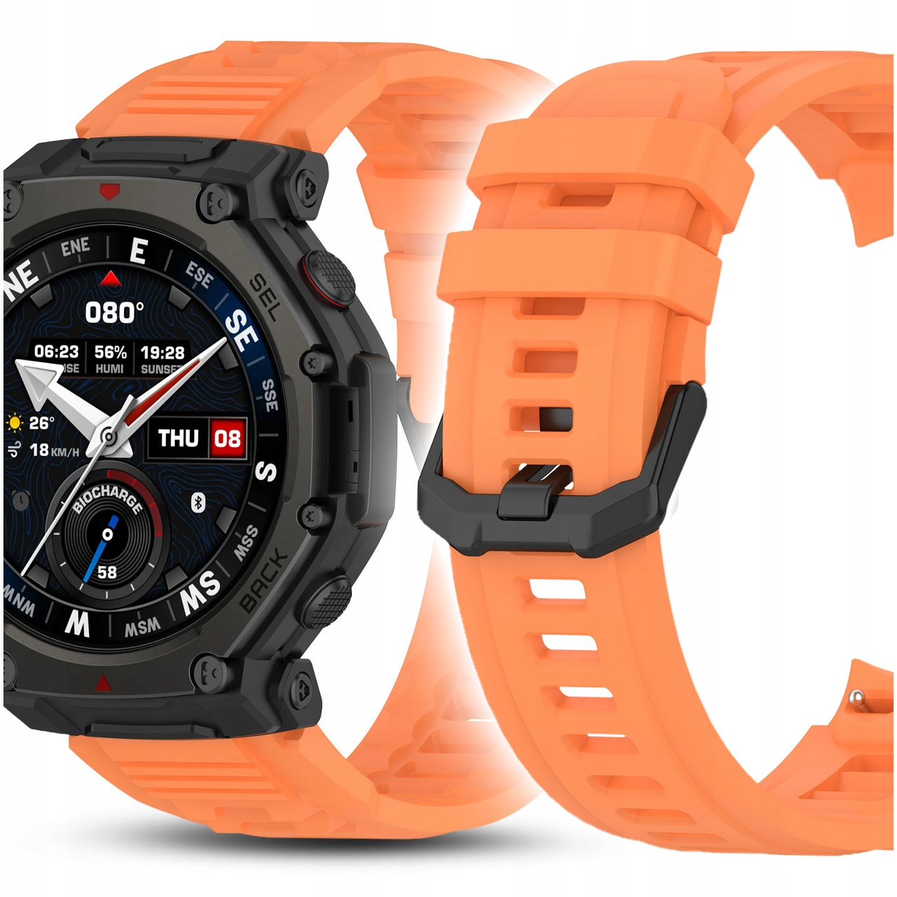 Pomarańczowy smartwatch z czarną obudową i tarczą pokazującą godzinę i datę.